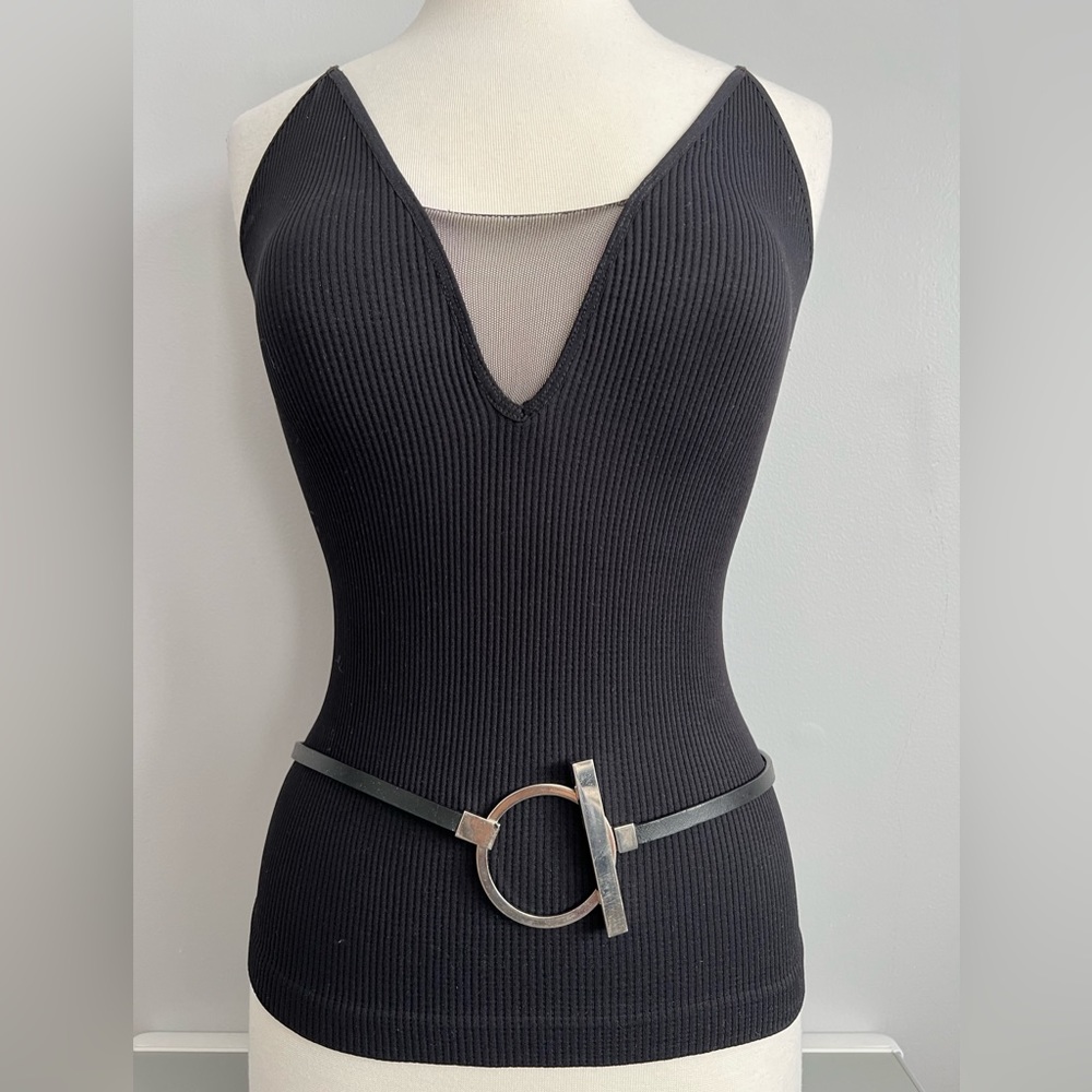 Limited Thin Leather Belt Black Silver Loop Contemporary Modern Womens M 32-34 - Picture 6 of 17